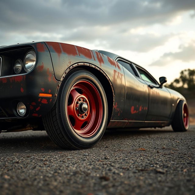 A lowered black rusty rat rod 2006 Dodge Charger with riveted panels, featuring striking red rims adorned with dome baby moon caps, and fat white wall tires