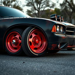 A lowered black rusty rat rod 2006 Dodge Charger with riveted panels, featuring striking red rims adorned with dome baby moon caps, and fat white wall tires
