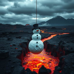 A snowman, made of three large snowballs, wearing a classic top hat and a carrot nose, is being lowered into a large river of glowing, bubbling lava