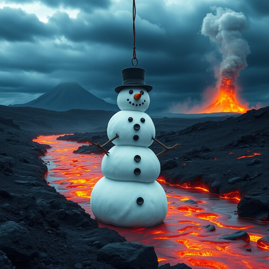 A snowman, made of three large snowballs, wearing a classic top hat and a carrot nose, is being lowered into a large river of glowing, bubbling lava