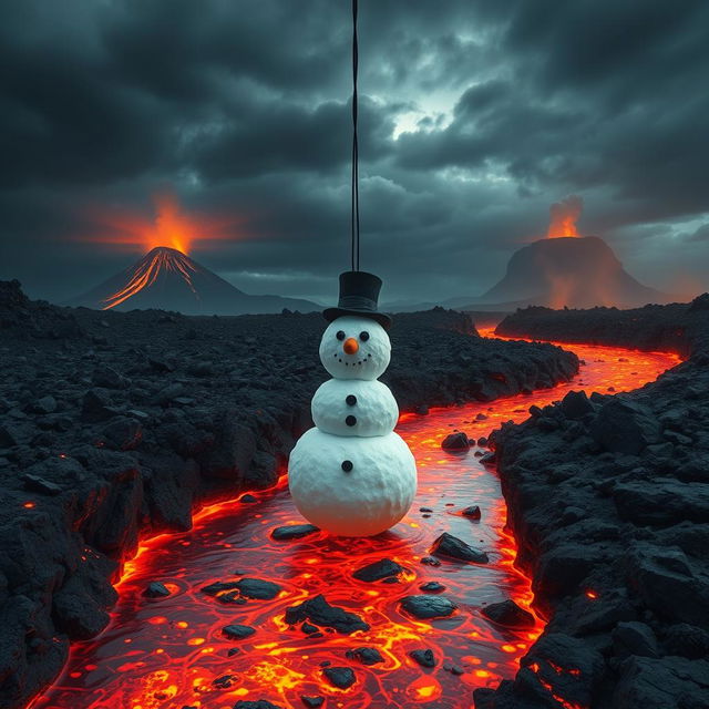 A snowman, made of three large snowballs, wearing a classic top hat and a carrot nose, is being lowered into a large river of glowing, bubbling lava