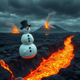 A snowman, made of three large snowballs, wearing a classic top hat and a carrot nose, is being lowered into a large river of glowing, bubbling lava