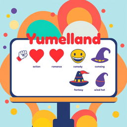 A playful pictogram-style illustration of a cinema billboard for a fictional theater named 'Yumeland'