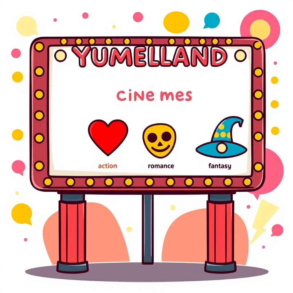 A playful pictogram-style illustration of a cinema billboard for a fictional theater named 'Yumeland'