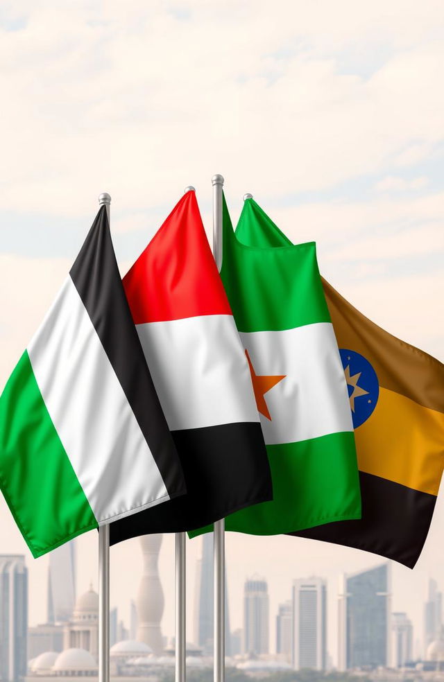 Flags of the United Arab Emirates, Sudan, Somalia, and Ethiopia displayed together in a harmonious composition