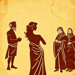 A whimsical depiction of silhouettes on an ancient wrinkled papyrus background