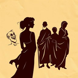 A whimsical depiction of silhouettes on an ancient wrinkled papyrus background