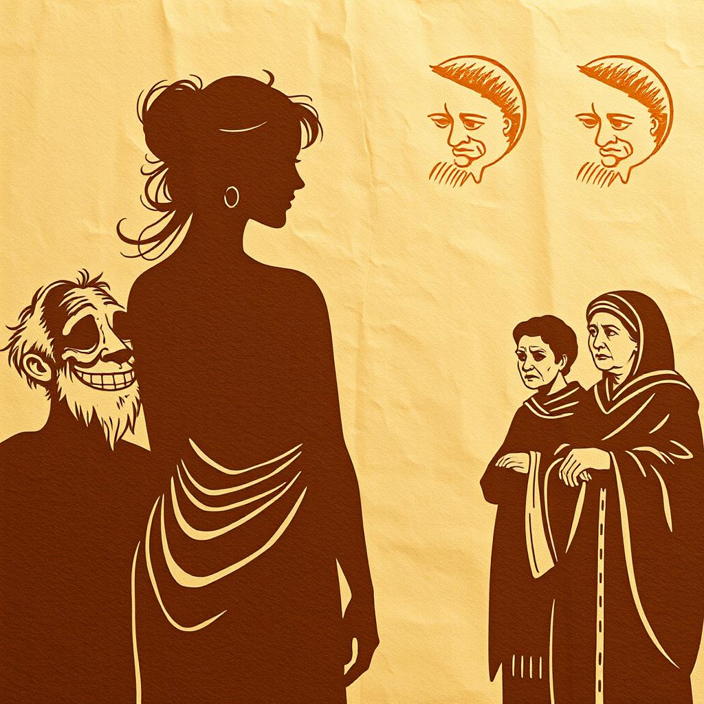 A whimsical depiction of silhouettes on an ancient wrinkled papyrus background