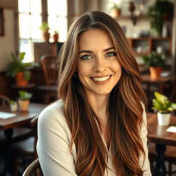 A portrait of a 38-year-old European woman with long, flowing brunette hair