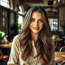A portrait of a 38-year-old European woman with long, flowing brunette hair