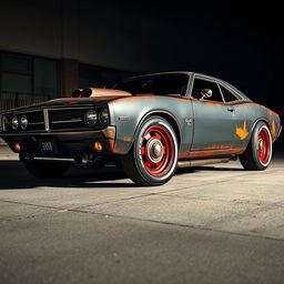 A lowered black rusty rat rod inspired by a 2006 Dodge Charger featuring riveted metal panels, aggressive stance, and a vintage aesthetic