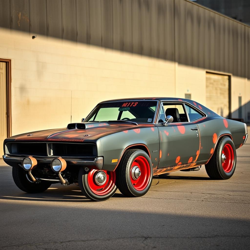 A lowered black rusty rat rod inspired by a 2006 Dodge Charger featuring riveted metal panels, aggressive stance, and a vintage aesthetic