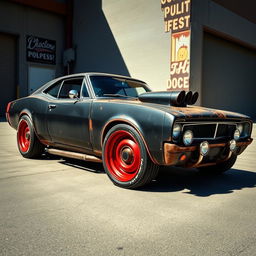 A lowered black rusty rat rod inspired by a 2006 Dodge Charger featuring riveted metal panels, aggressive stance, and a vintage aesthetic