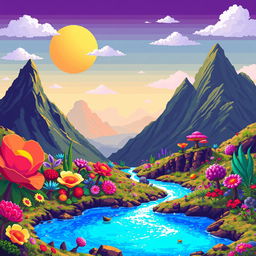 A captivating pixel art representation of a fantastical alien planet, rich with colorful landscapes and unique features
