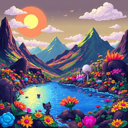 A captivating pixel art representation of a fantastical alien planet, rich with colorful landscapes and unique features