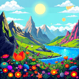A captivating pixel art representation of a fantastical alien planet, rich with colorful landscapes and unique features