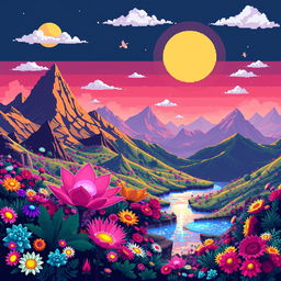 A captivating pixel art representation of a fantastical alien planet, rich with colorful landscapes and unique features