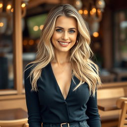 A stylish, attractive woman around 35 years old with long, blonde hair, exuding confidence and charm