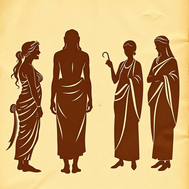 A humorous silhouette scene on an ancient, wrinkled papyrus background