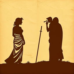 A humorous silhouette scene on an ancient, wrinkled papyrus background