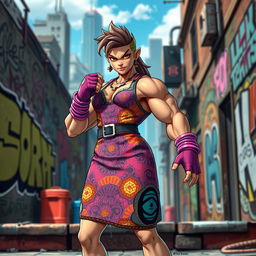 A playful depiction of a humanoid character inspired by classic fighting games, dressed in a vibrant and stylish dress