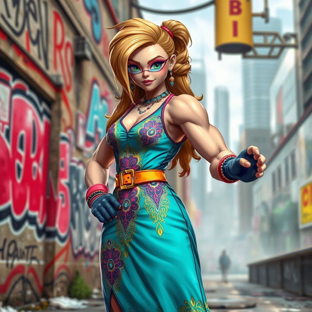 A playful depiction of a humanoid character inspired by classic fighting games, dressed in a vibrant and stylish dress