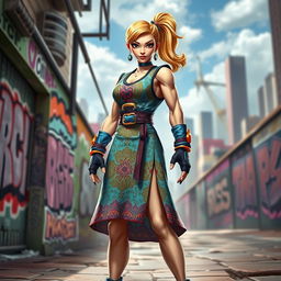 A playful depiction of a humanoid character inspired by classic fighting games, dressed in a vibrant and stylish dress