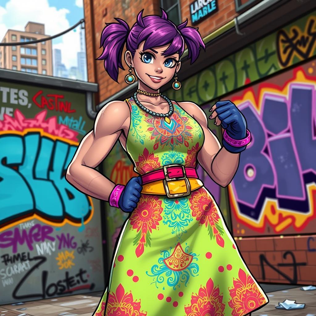 A playful depiction of a humanoid character inspired by classic fighting games, dressed in a vibrant and stylish dress