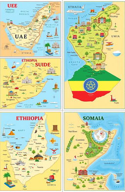 A collection of detailed and artistic maps showcasing the UAE, Ethiopia, Sudan, and Somalia