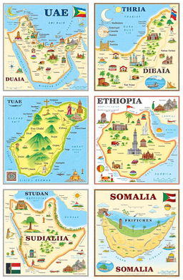 A collection of detailed and artistic maps showcasing the UAE, Ethiopia, Sudan, and Somalia