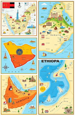 A collection of detailed and artistic maps showcasing the UAE, Ethiopia, Sudan, and Somalia