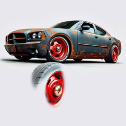 A lowered black rusty rat rod 2006 Dodge Charger, featuring riveted panels and striking red rims with baby moon hub caps