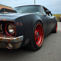 A lowered black rusty rat rod 2006 Dodge Charger, featuring riveted panels and striking red rims with baby moon hub caps
