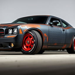 A lowered black rusty rat rod 2006 Dodge Charger, featuring riveted panels and striking red rims with baby moon hub caps
