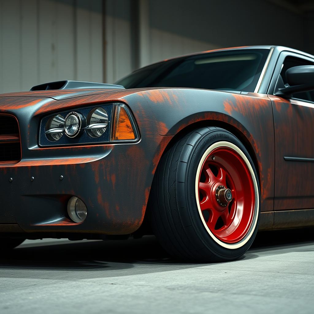 A lowered black rusty rat rod 2006 Dodge Charger, featuring riveted panels and striking red rims with baby moon hub caps