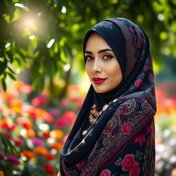 A stunning portrait of a woman wearing a beautiful hijab, elegantly styled with intricate patterns and vibrant colors