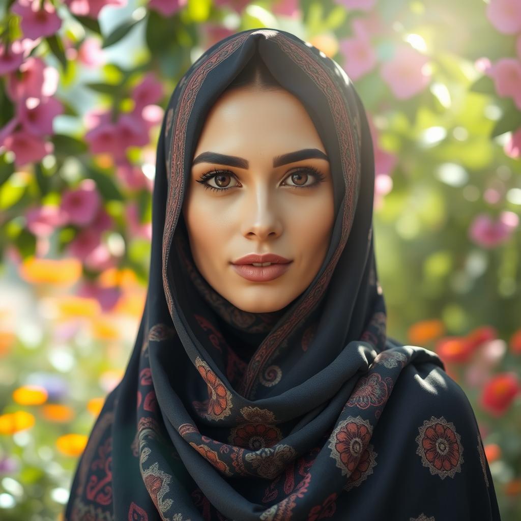 A stunning portrait of a woman wearing a beautiful hijab, elegantly styled with intricate patterns and vibrant colors