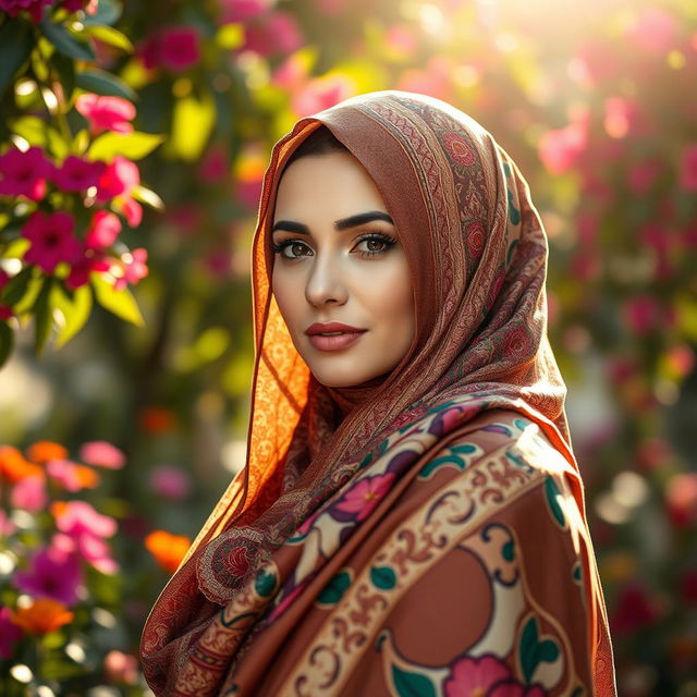 A stunning portrait of a woman wearing a beautiful hijab, elegantly styled with intricate patterns and vibrant colors