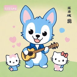 Illustrate a friendly meeting between Bluey, the animated blue heeler pup from Australia, and Hello Kitty, the iconic Japanese kawaii character