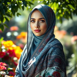 A stunning portrait of a woman wearing a beautiful hijab, elegantly styled with intricate patterns and vibrant colors