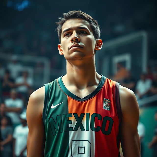 A poignant scene capturing the emotions of a Mexican basketball player in the moment of sadness, showcasing a young man in an official basketball jersey with vibrant colors representing Mexico