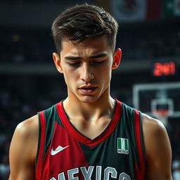 A poignant scene capturing the emotions of a Mexican basketball player in the moment of sadness, showcasing a young man in an official basketball jersey with vibrant colors representing Mexico