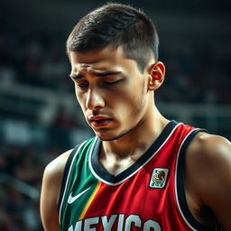 A poignant scene capturing the emotions of a Mexican basketball player in the moment of sadness, showcasing a young man in an official basketball jersey with vibrant colors representing Mexico