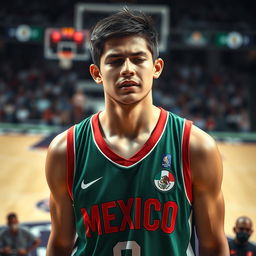 A poignant scene capturing the emotions of a Mexican basketball player in the moment of sadness, showcasing a young man in an official basketball jersey with vibrant colors representing Mexico