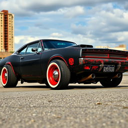 A lowered black rusty rat rod inspired by a 2006 Dodge Charger, featuring riveted metal panels that give it a distinct and rugged appearance