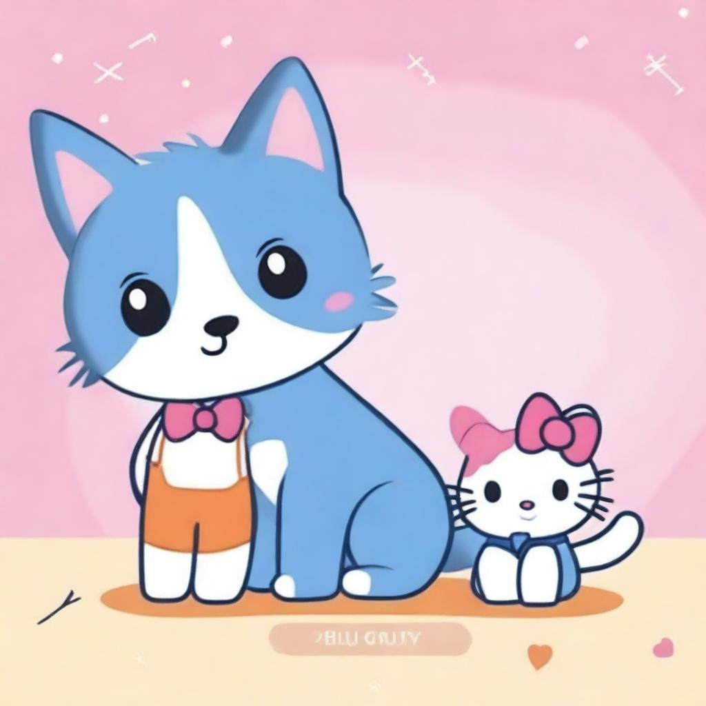 Illustrate a friendly meeting between Bluey, the animated blue heeler pup from Australia, and Hello Kitty, the iconic Japanese kawaii character