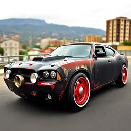 A lowered black rusty rat rod inspired by a 2006 Dodge Charger, featuring riveted metal panels that give it a distinct and rugged appearance