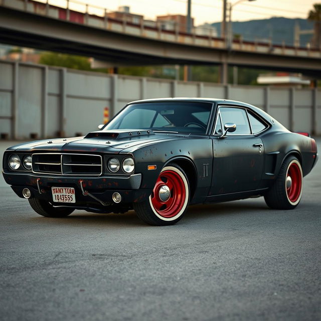 A lowered black rusty rat rod inspired by a 2006 Dodge Charger, featuring riveted metal panels that give it a distinct and rugged appearance