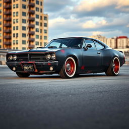 A lowered black rusty rat rod inspired by a 2006 Dodge Charger, featuring riveted metal panels that give it a distinct and rugged appearance