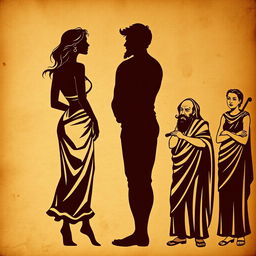 A vintage Greek-style scene depicted on an ancient, wrinkled papyrus background